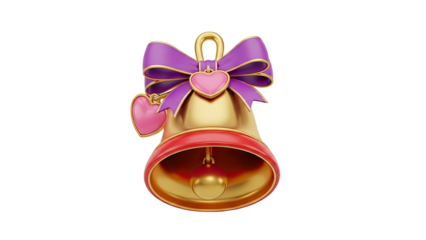 Golden Bell With Purple Bow and Pink Hearts on transparent background