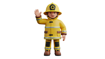 3D Cartoon firefighter waving hello on transparent background