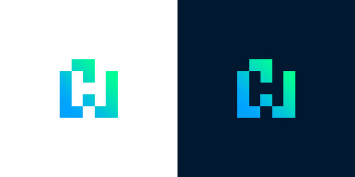 Vibrant pixelated H/W letter logo with blue-green gradient. Modern abstract geometric block icon for digital innovation, technology, and connectivity branding
