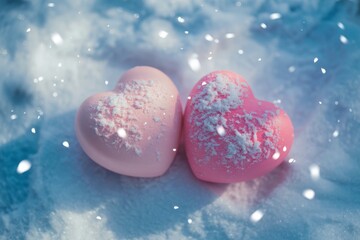 Obraz premium Two pink heart shapes dusted with white powder in snow pink hearts winter