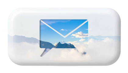 Glossy, rounded button with an envelope icon, cloudscape backdrop