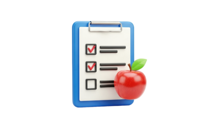 3D Clipboard with checklist and apple icon on transparent background