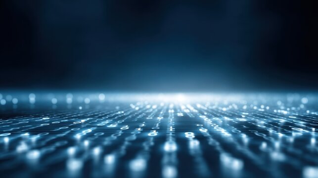 Abstract digital landscape with glowing binary code and light effects creating a futuristic technology background for various creative projects - Powered by Adobe