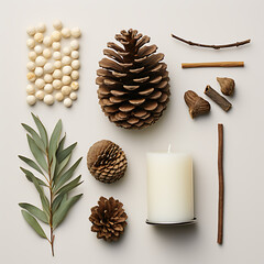 Zen minimalist arrangement with eucalyptus leaves, pine cones, and a white candle, natural wellness and spa concept on beige background.