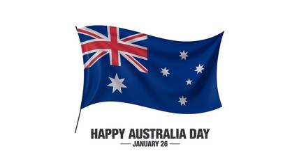 Waving australia flag with text happy australia day january 26, patriotic celebration, national symbol, independence banner, holiday background