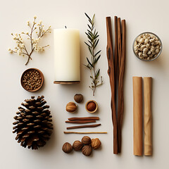 Modern minimalist flat lay with wood sticks, hazelnut, pine cone and white candle, organic interior design elements on light background.