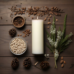 Cozy warm candle light on dark wood background with pine cones and white flowers, rustic winter holiday and spa atmosphere.