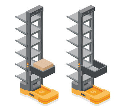 Isometric autonomous vertical warehouse robot ACR or CTU for storage and retrieval system. Smart warehouse automation and AI logistics. Illustration. Objects isolated on white.