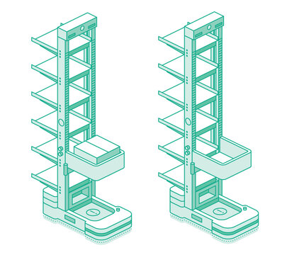 Isometric autonomous vertical warehouse robot ACR or CTU for storage and retrieval system. Smart warehouse automation and AI logistics. Illustration. Outline style. Objects isolated on white.