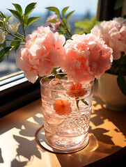 Sunlighted Pink Floral Mocktail with Floating Flowers in Glass by the Window