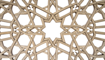 Ornate, symmetrical geometric carved wooden latticework, black void