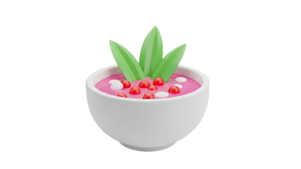 3D Icon of a Bowl of Pink Dessert with Berries and Leaves on transparent background