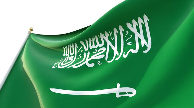 Waving national flag of saudi arabia featuring arabic script and a sword, symbolizing the nation's identity and heritage
