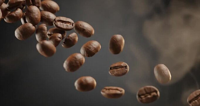 Floating coffee beans release aromatic steam against a dark background, showcasing freshness