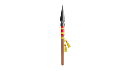3D Stylized Spear with Red and Yellow Bands and Tassels on transparent background