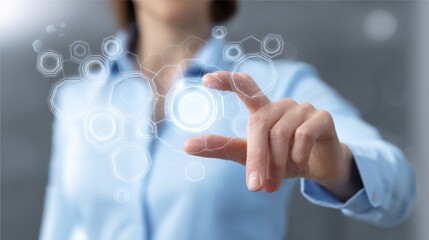 Business professional interacting with digital interface, touching holographic circles, technology and innovation concept in modern workspace setting