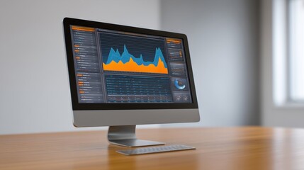 Modern computer monitor displaying colorful data analysis charts and graphs in a bright office environment with a minimalist design aesthetic