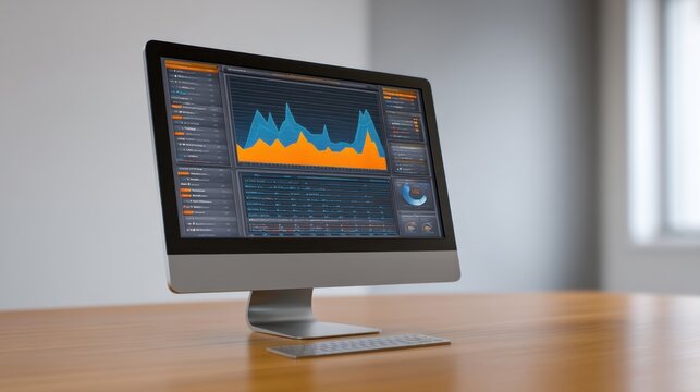 Modern computer monitor displaying colorful data analysis charts and graphs in a bright office environment with a minimalist design aesthetic - Powered by Adobe