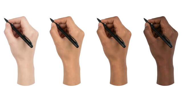 Four Diverse Hands Holding Pens, Representing Writing, Drawing, Creativity, and Collaboration on White Background, Ideal for Concept Illustration