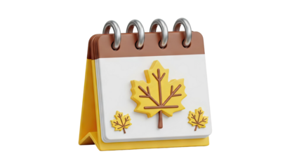 3D calendar icon with autumn maple leaves on transparent background