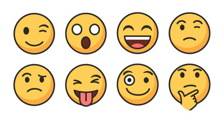 Fototapeta premium Collection of diverse facial expression emojis on a white background.
