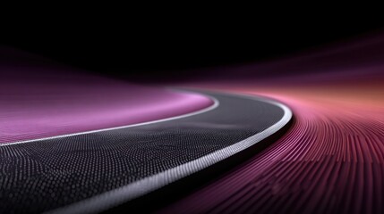 Abstract futuristic road with vibrant pink and purple flowing patterns, creating an illusion of movement and depth in a dark setting