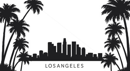 Los Angeles skyline vector silhouette, downtown cityscape with palm trees, U.S. Bank Tower outline, high contrast black and white artwork © Manu