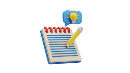 3D Notebook with Pencil and Lightbulb Idea Icon on transparent background