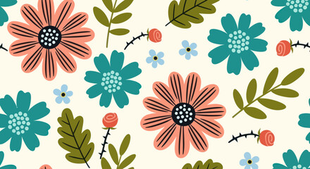 Seamless pattern of colorful flowers and leaves on a cream background.