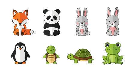 Set of cute cartoon animals like fox, panda, rabbit, penguin, turtle, and frog.