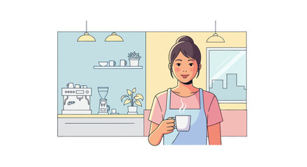 Barista holding a cup of coffee in a coffee shop.