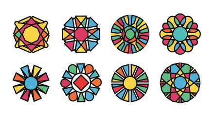 Collection of colorful geometric mandalas and abstract shapes on white background.