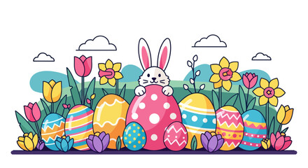 Cute bunny peeks from behind decorated Easter eggs in a spring garden.