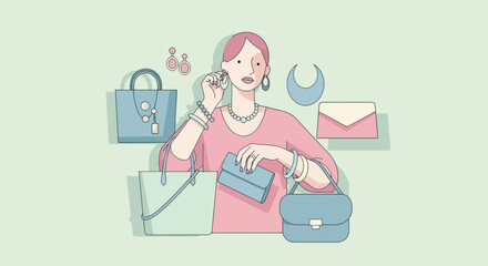 Woman trying on earrings with accessories and handbags.