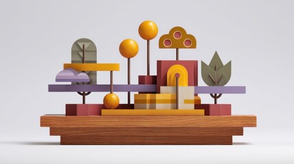 Playful Geometric Landscape Composition with Abstract Shapes and Warm Colors Featuring Trees, Clouds, and a Variety of Creative Elements