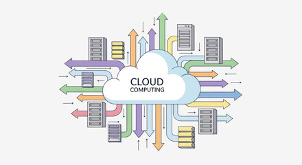 Illustration of cloud computing technology with network servers and data flow.