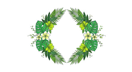 Tropical wreath with exotic flowers and palm leaves isolated on a white background.