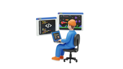 3D Programmer working on laptop with code and game screens on transparent background