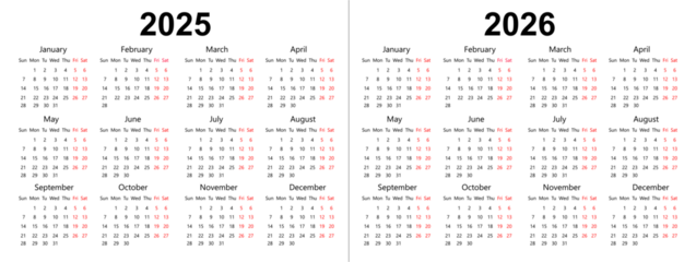 Calendar for 2025 to 2026