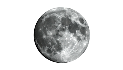 A detailed, grayscale rendering of the moon against a stark black void