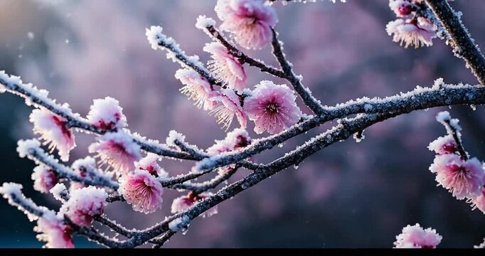 Frost-covered cherry blossom branches in a serene winter landscape with soft pink hues