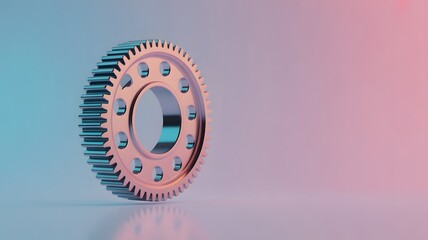 Close-up of metallic gear with holes on pink blue background