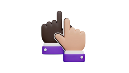 3D Two cursor hands pointing upwards, one dark, one light on transparent background