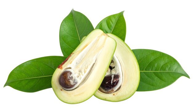 Delicious White Sapote Fruit Slices with Fresh Green Leaves.