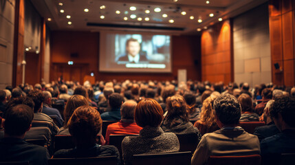 Crowded Conference Hall Audience Watches Large Screen Presentation During Business Event