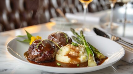 Braised Lion's Head Meatballs with Asparagus in Western Restaurant Setting
