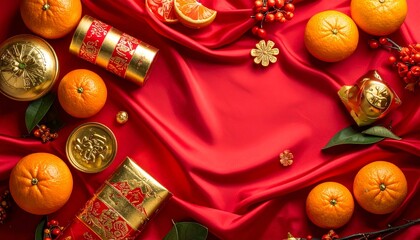 Traditional Chinese Lunar New Year Flat Lay with Firecrackers, Oranges, and Gold Ingots