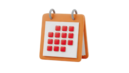 3D calendar icon with red squares on white paper on transparent background
