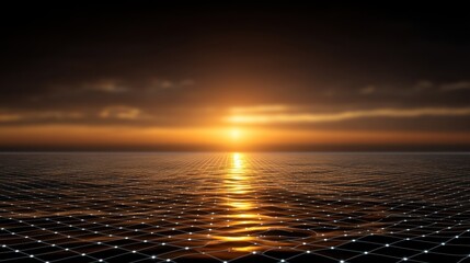 Serene Sunset Over Calm Ocean with Reflection Creating a Stunning Horizon and Grid Pattern in the Foreground for a Dynamic Visual Effect