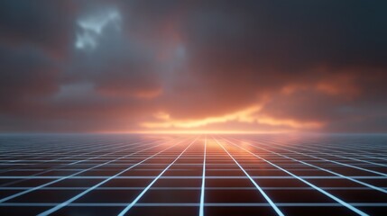 Futuristic landscape with grid pattern reflecting vibrant sunset skies and dramatic clouds over a serene horizon in a virtual world, digital art creation